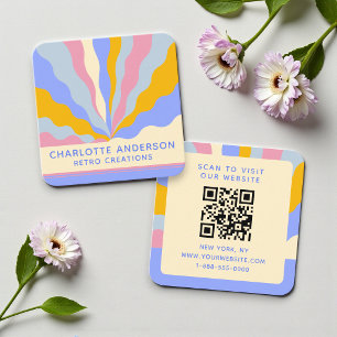 Retro 70s QR Code Colourful Abstract Rays Square Business Card