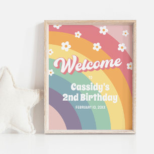 Retro 70s Rainbow Daisy Birthday Welcome Sign