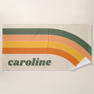 Retro 70s Rainbow Green Orange Personalised Name Beach Towel