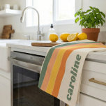 Retro 70s Rainbow Green Orange Personalised Name Tea Towel<br><div class="desc">Add a touch of retro flair to your kitchen with this Personalised Name Kitchen Towel featuring a groovy 70s rainbow design in green, orange, yellow, and peach. Perfect for a simple yet aesthetic addition to your home or as a unique gift for a bridesmaid, bridal party, bachelorette, birthday party, or...</div>
