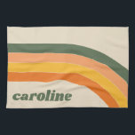 Retro 70s Rainbow Green Orange Personalised Name Tea Towel<br><div class="desc">Add a touch of retro flair to your kitchen with this Personalised Name Kitchen Towel featuring a groovy 70s rainbow design in green, orange, yellow, and peach. Perfect for a simple yet aesthetic addition to your home or as a unique gift for a bridesmaid, bridal party, bachelorette, birthday party, or...</div>