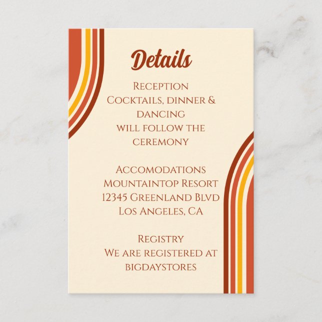 Retro 70s Rainbow Groovy Arch Wedding Details Enclosure Card (Front)