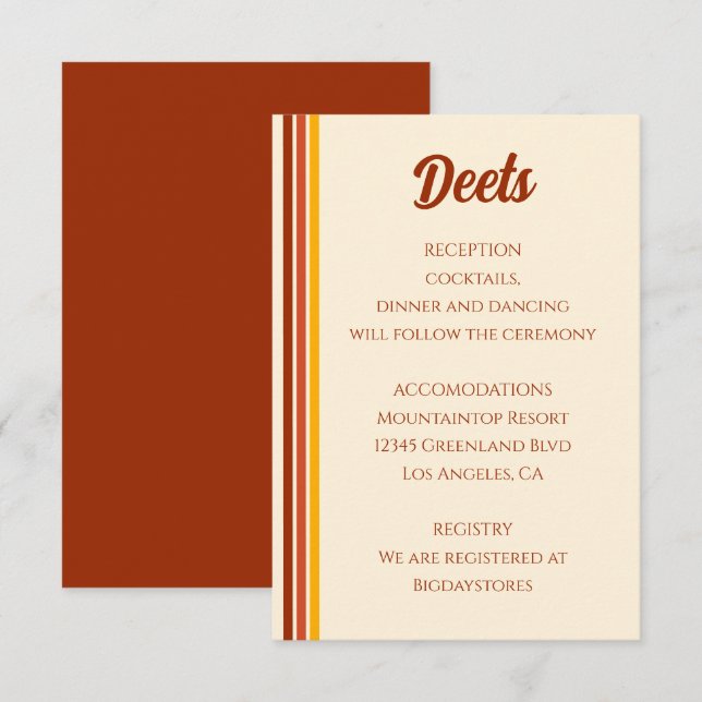 Retro 70s Rainbow Groovy Terracotta Orange Wedding Enclosure Card (Front/Back)