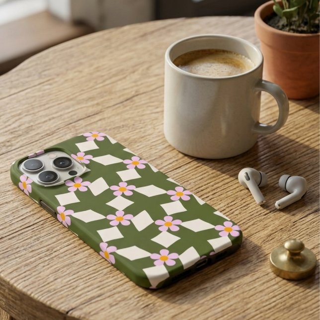 Retro 70s Sage Green Geometric Floral Pattern  Case-Mate iPhone Case (Creator Uploaded)
