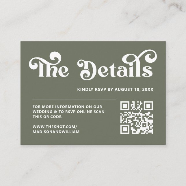 Retro 70s Sage Green Wedding Website Qr Code Enclosure Card (Front)