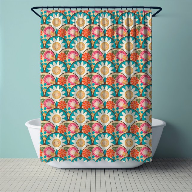RETRO 70s Scallop Floral Hippy Sunshine In Flowers Shower Curtain (Creator Uploaded)