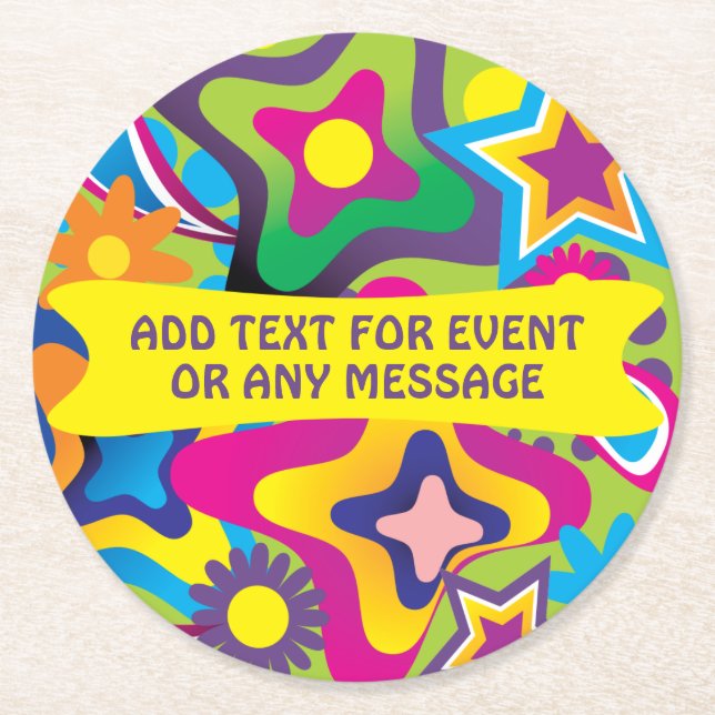 Retro 70s shapes in bright colours any text round paper coaster (Front)