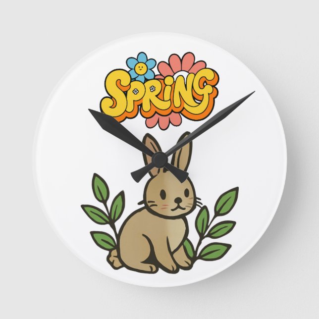 Retro 70s Spring Bunny Graphic Design Round Clock (Front)