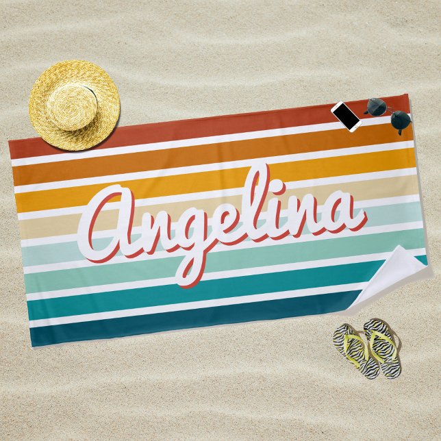 Retro 70s Stripe Personalised Name Beach Beach Towel (Creator Uploaded)