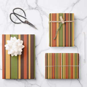 Retro 70s Stripes Brown Avocado Orange Mustard Wrapping Paper Sheet