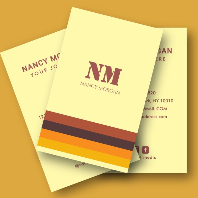 Retro 70s Stripes Monogram Yellow Business Card (Creator Uploaded)