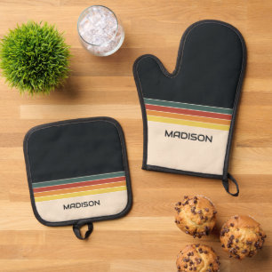 Retro 70s Stripes Personalised Oven Mitt & Pot Holder Set