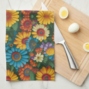 Retro 70s style colorful daisies  tea towel