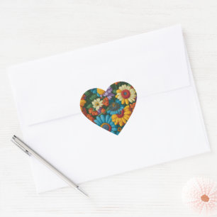 Retro 70s style colourful daisies  heart sticker