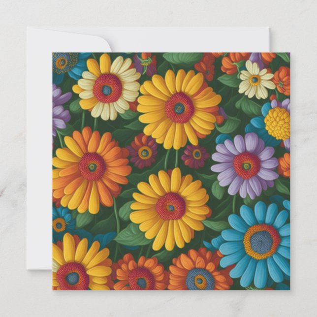 Retro 70s style colourful daisies  invitation (Front)