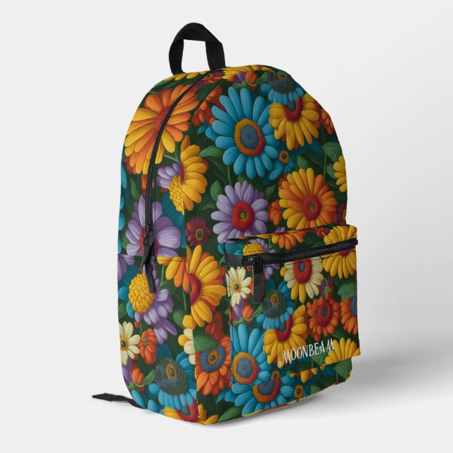 Retro 70s style colourful daisies  printed backpack (Back Corner Left)