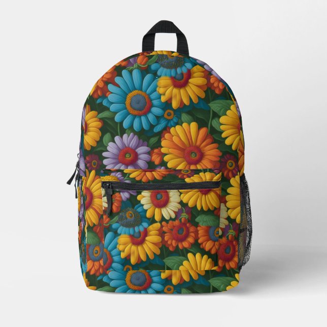 Retro 70s style colourful daisies  printed backpack (Front)