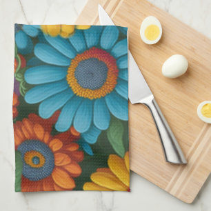 Retro 70s style colourful daisies  tea towel