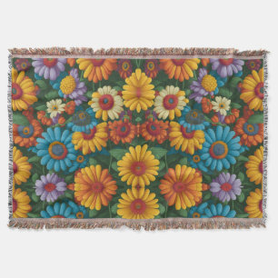 Retro 70s style colourful daisies  throw blanket