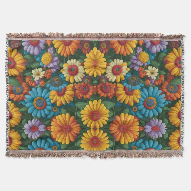 Retro 70s style colourful daisies  throw blanket (Front)