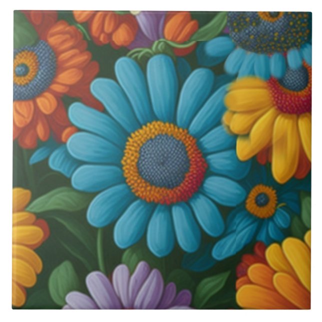 Retro 70s style colourful daisies  tile (Front)