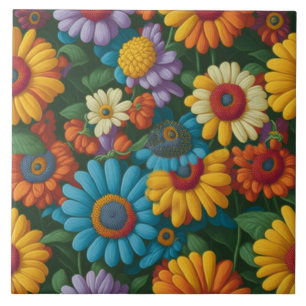 Retro 70s style colourful daisies  tile