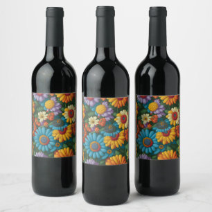 Retro 70s style colourful daisies wine label