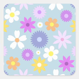Retro 70s Style Flower Lg Pattern Pastel Colours Square Sticker
