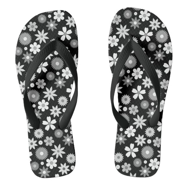Retro 70s Style Flower Monochrome Rpt Pattern Jandals (Footbed)
