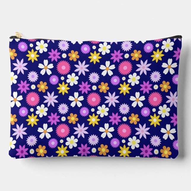 Retro 70s Style Flower Pattern on Dark Blue Accessory Pouch (Front)
