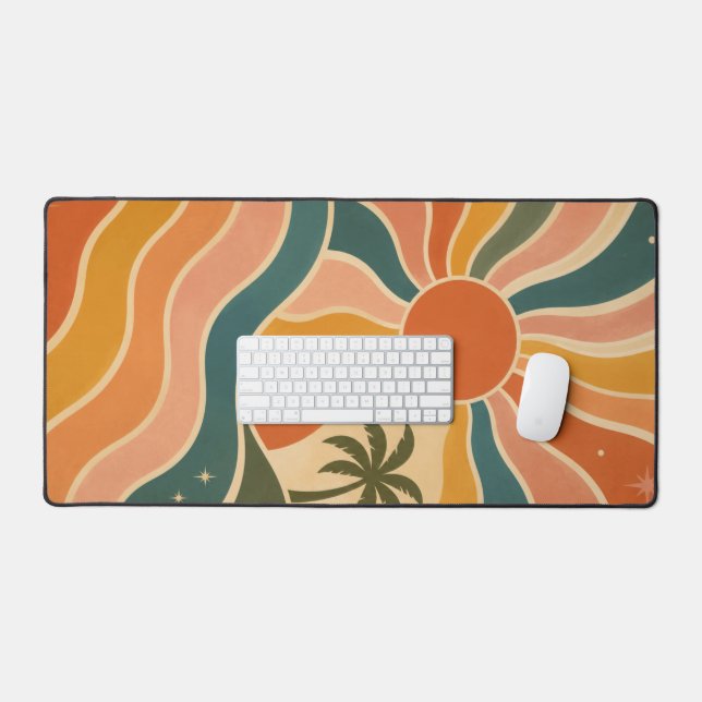 Retro 70s Sunset Waves & Palm Trees Aesthetic Desk Mat (Keyboard & Mouse)
