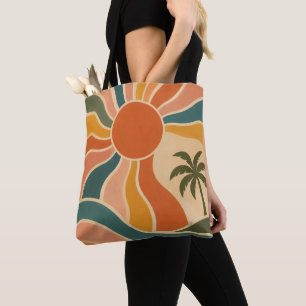 Retro 70s Sunset Waves & Palm Trees Aesthetic Tote Bag
