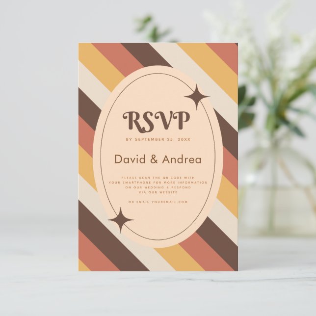 Retro 70s Typography Stripes QR Code Wedding RSVP Card (Standing Front)