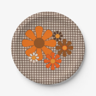 Retro 70s Vintage Floral Gingham  Paper Plate