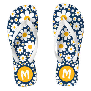 Retro 70s Vintage Floral Personalised Blue Jandals