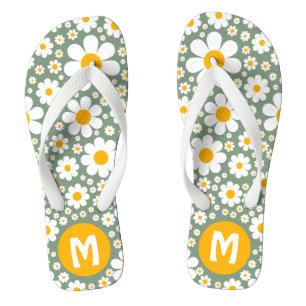 Retro 70s Vintage Floral Personalised Green Jandals