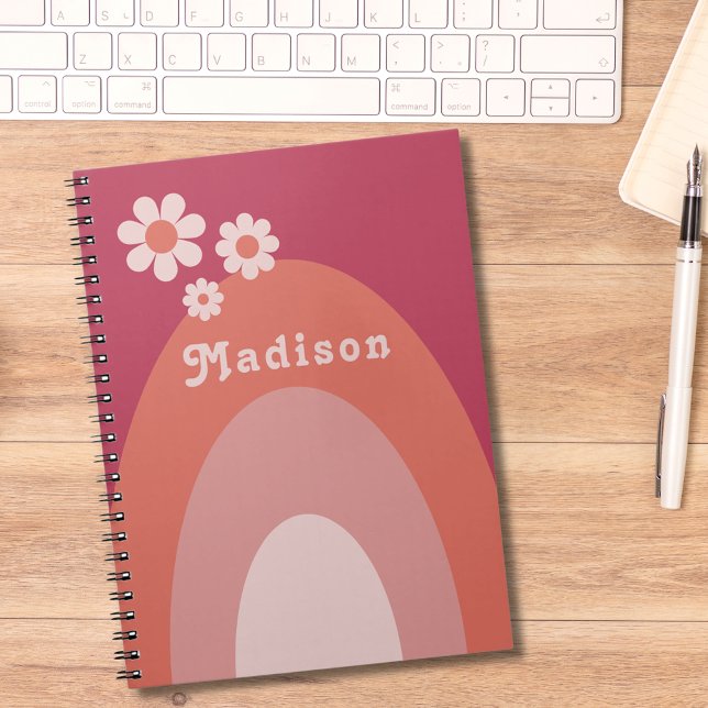 Retro 70s Vintage Personalised Name Notebook (Retro vintage daisy arch peach orange and pink custom name notepad)