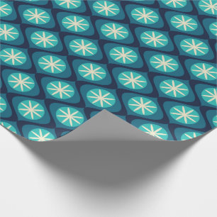 Retro 70s wavy floral pattern - blue throw pillow  wrapping paper