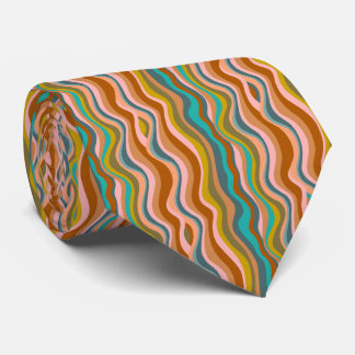 Retro 70s Wavy Stripes Teal Pink Rust Necktie