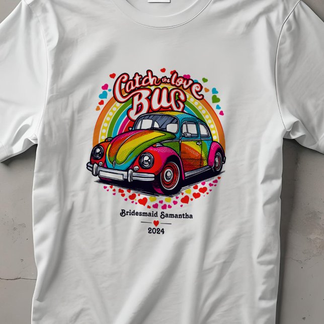 Retro 70's Wedding Rainbow Love Bug Bridal Party T-Shirt (Groovy 70's themed wedding bridesmaid t-shirt with rainbow bug car)