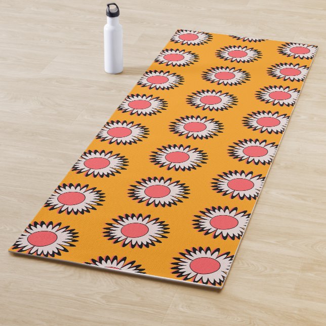 Retro 70s Yellow Pink Daisy Floral Pattern Yoga Mat (In Situ)