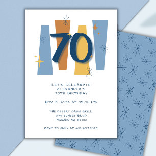 Retro 70th Birthday Midcentury Modern Blue Invitation