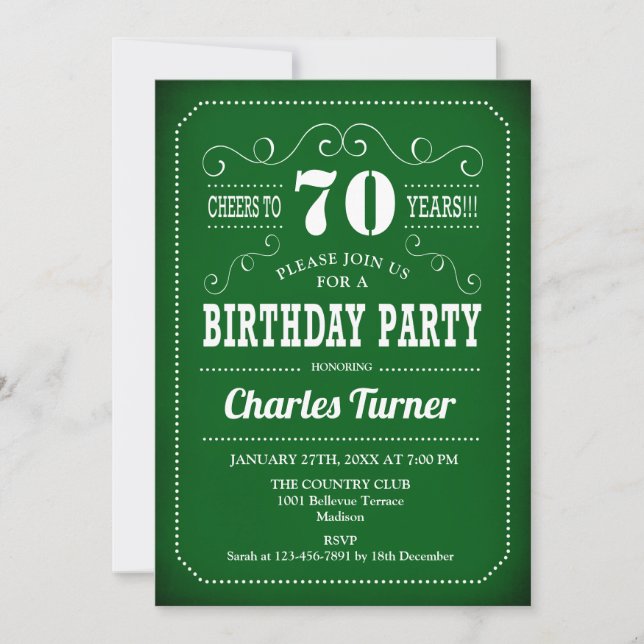 Retro 70th Birthday Party - Green White Invitation (Front)