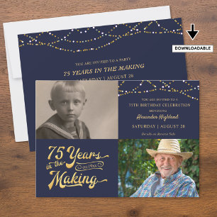 Retro 75th Birthday 2 Photo Navy Blue Invitation