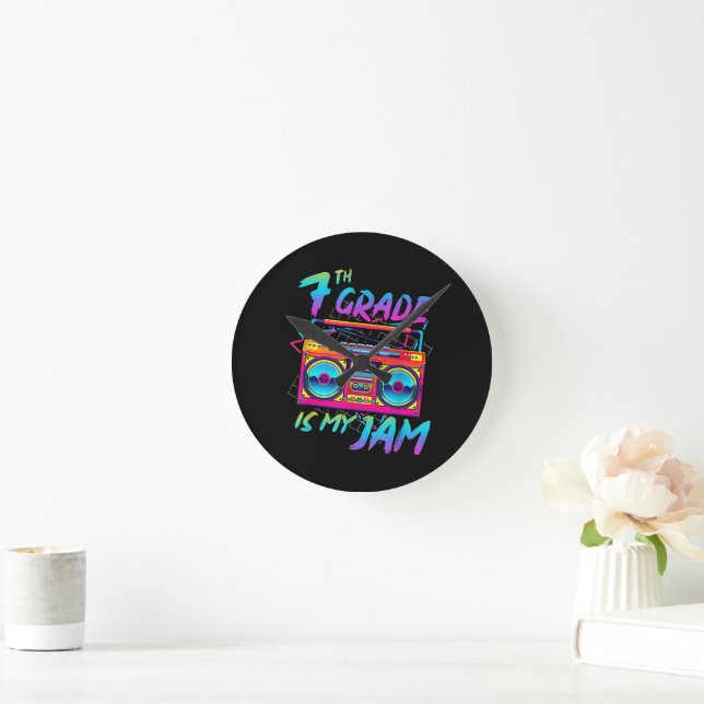 Retro 80s 7th Grade Is My Jam Back To School Round Clock (Home)