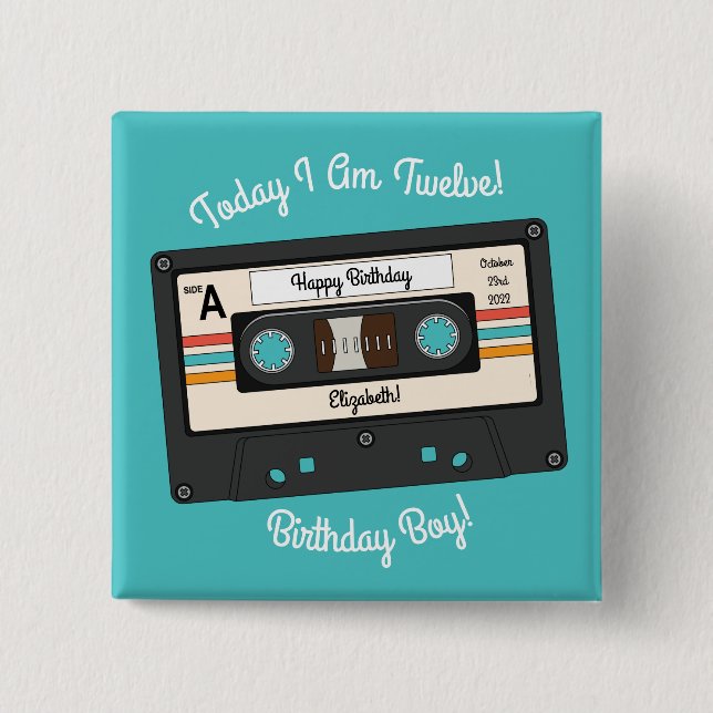 Retro 80's 90's Cassette Tape Music Birthday Party 15 Cm Square Badge (Front)
