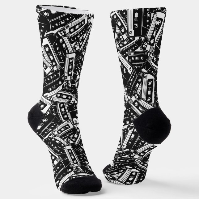 Retro 80s 90s Cassette Tape Pattern Black Socks (Angled)