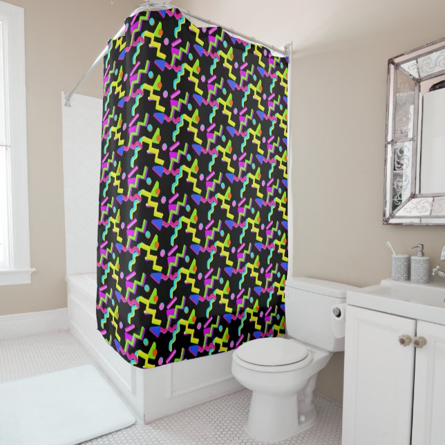 Retro 80s & 90s Neon Abstract Pattern Shower Curtain (In Situ)