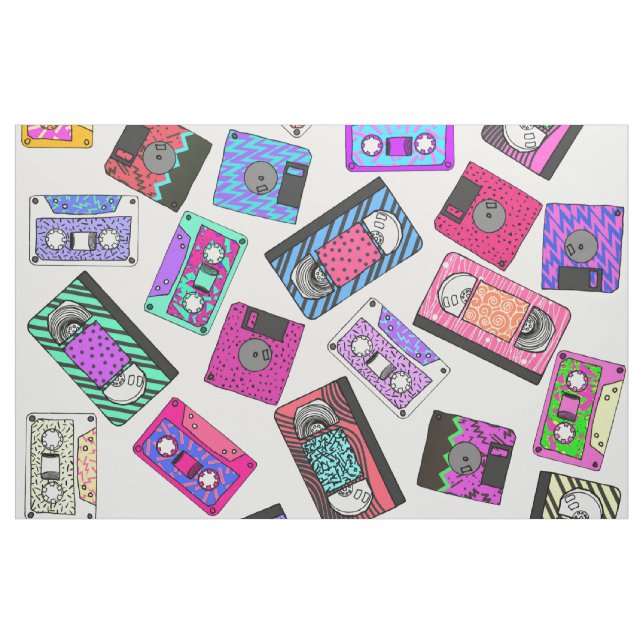 Retro 80's 90's Neon Patterned Cassette Tapes Fabric (Yard)