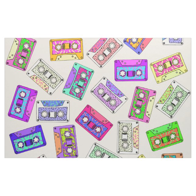 Retro 80's 90's Neon Patterned Cassette Tapes Fabric (Yard)